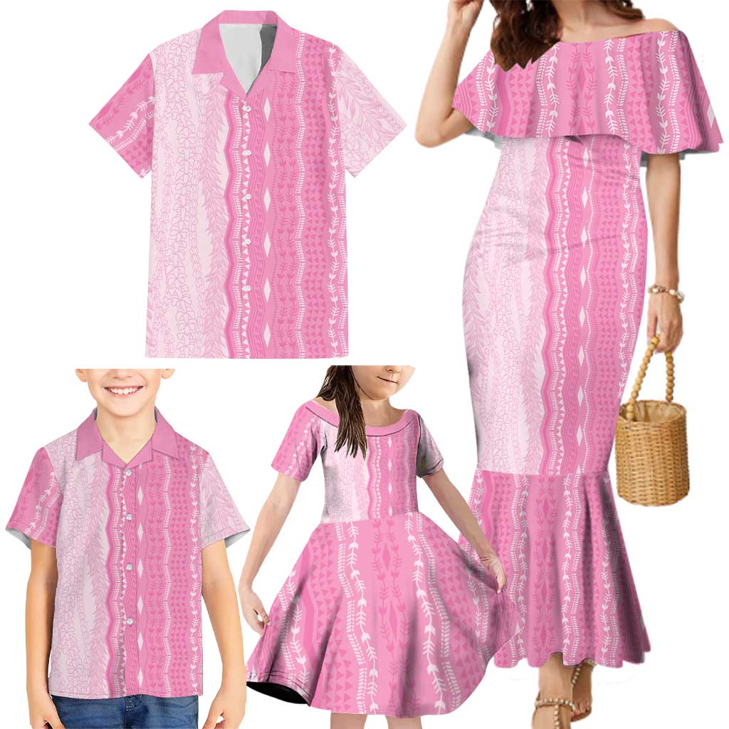 Vintage Pink Hawaiian Traditional Kapa Mix Flowers Lei Family Matching Mermaid Dress and Hawaiian Shirt