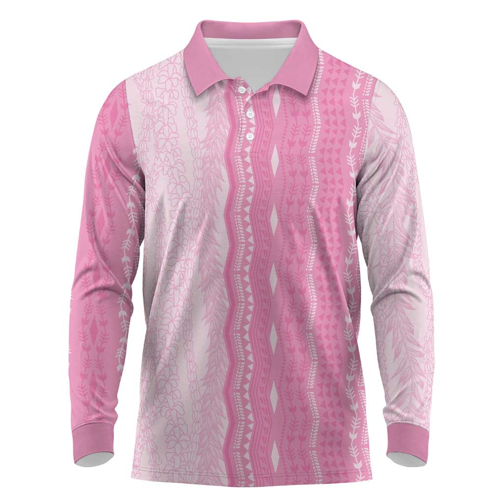 Vintage Pink Hawaiian Traditional Kapa Mix Flowers Lei Long Sleeve Polo Shirt