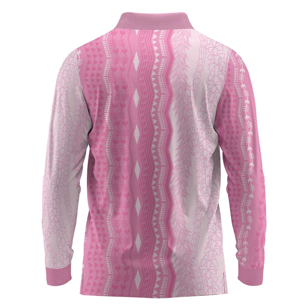 Vintage Pink Hawaiian Traditional Kapa Mix Flowers Lei Long Sleeve Polo Shirt