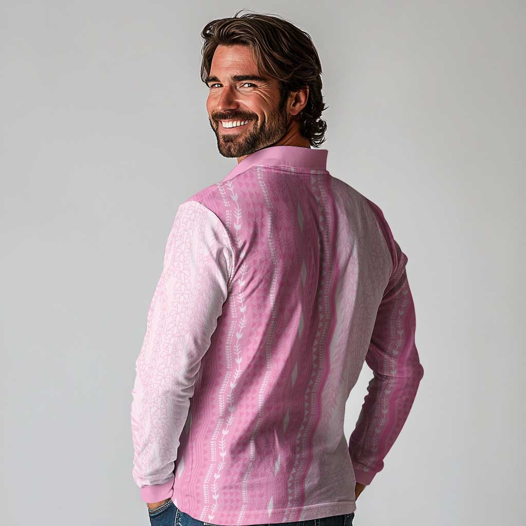 Vintage Pink Hawaiian Traditional Kapa Mix Flowers Lei Long Sleeve Polo Shirt