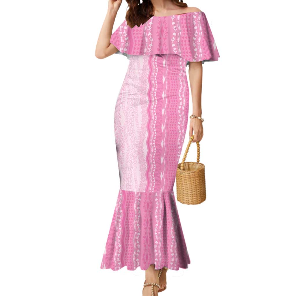 Vintage Pink Hawaiian Traditional Kapa Mix Flowers Lei Mermaid Dress