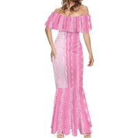 Vintage Pink Hawaiian Traditional Kapa Mix Flowers Lei Mermaid Dress