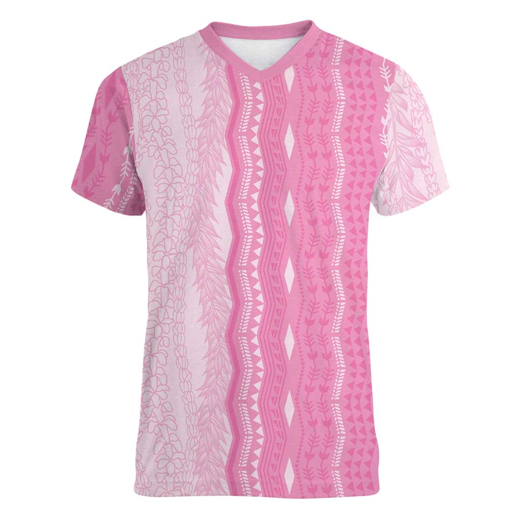 Vintage Pink Hawaiian Traditional Kapa Mix Flowers Lei Women V-Neck T-Shirt
