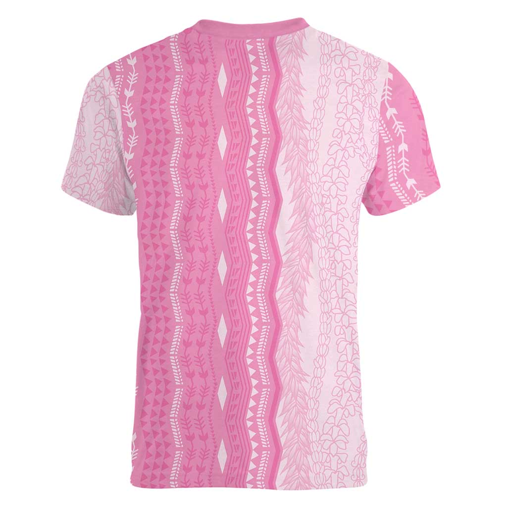 Vintage Pink Hawaiian Traditional Kapa Mix Flowers Lei Women V-Neck T-Shirt