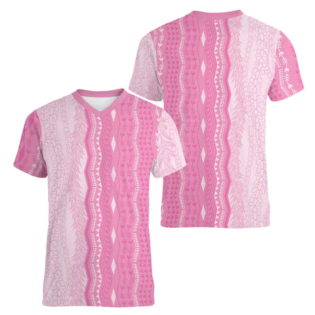 Vintage Pink Hawaiian Traditional Kapa Mix Flowers Lei Women V-Neck T-Shirt