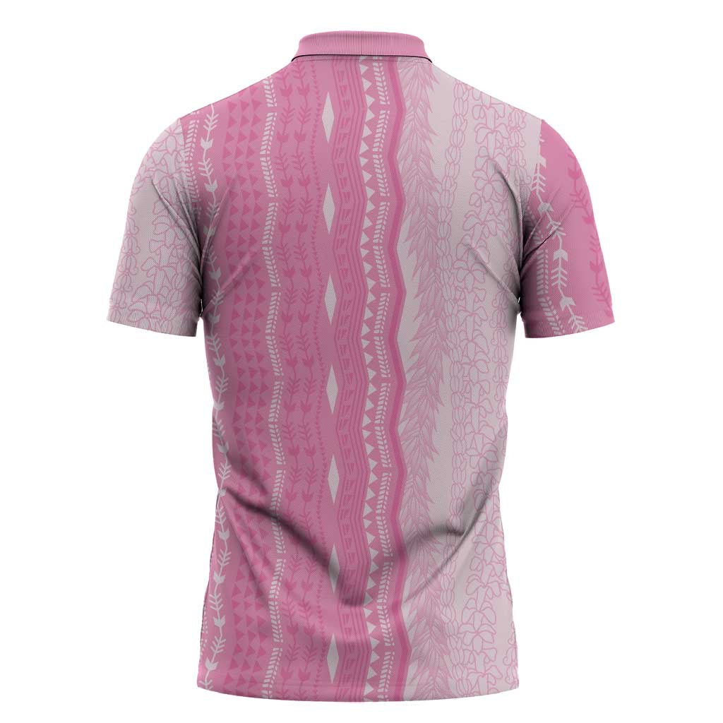 Vintage Pink Hawaiian Traditional Kapa Mix Flowers Lei Zipper Polo Shirt
