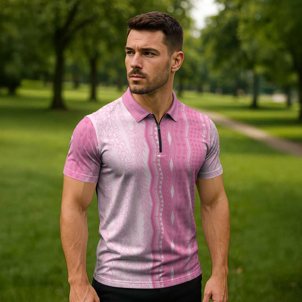 Vintage Pink Hawaiian Traditional Kapa Mix Flowers Lei Zipper Polo Shirt