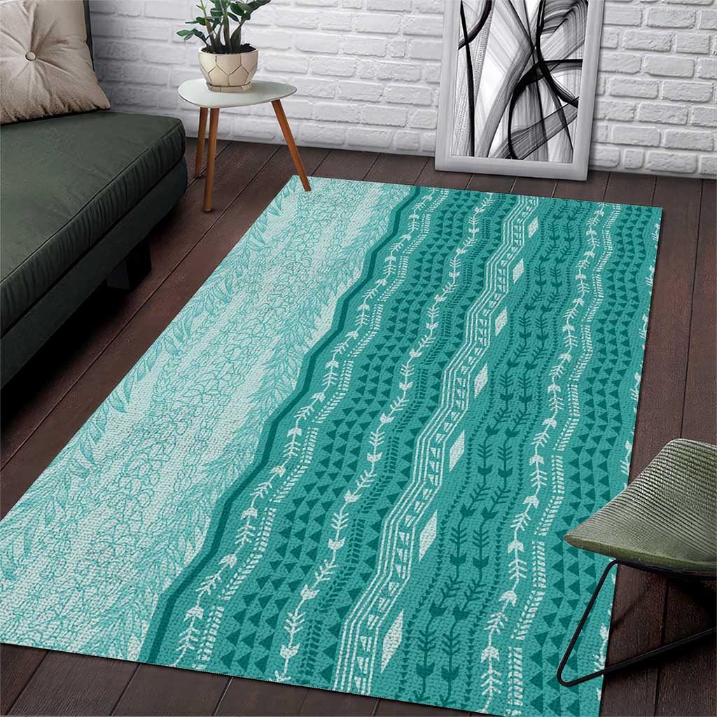 Vintage Teal Hawaiian Traditional Kapa Mix Flowers Lei Area Rug LT7 Teal - Polynesian Pride