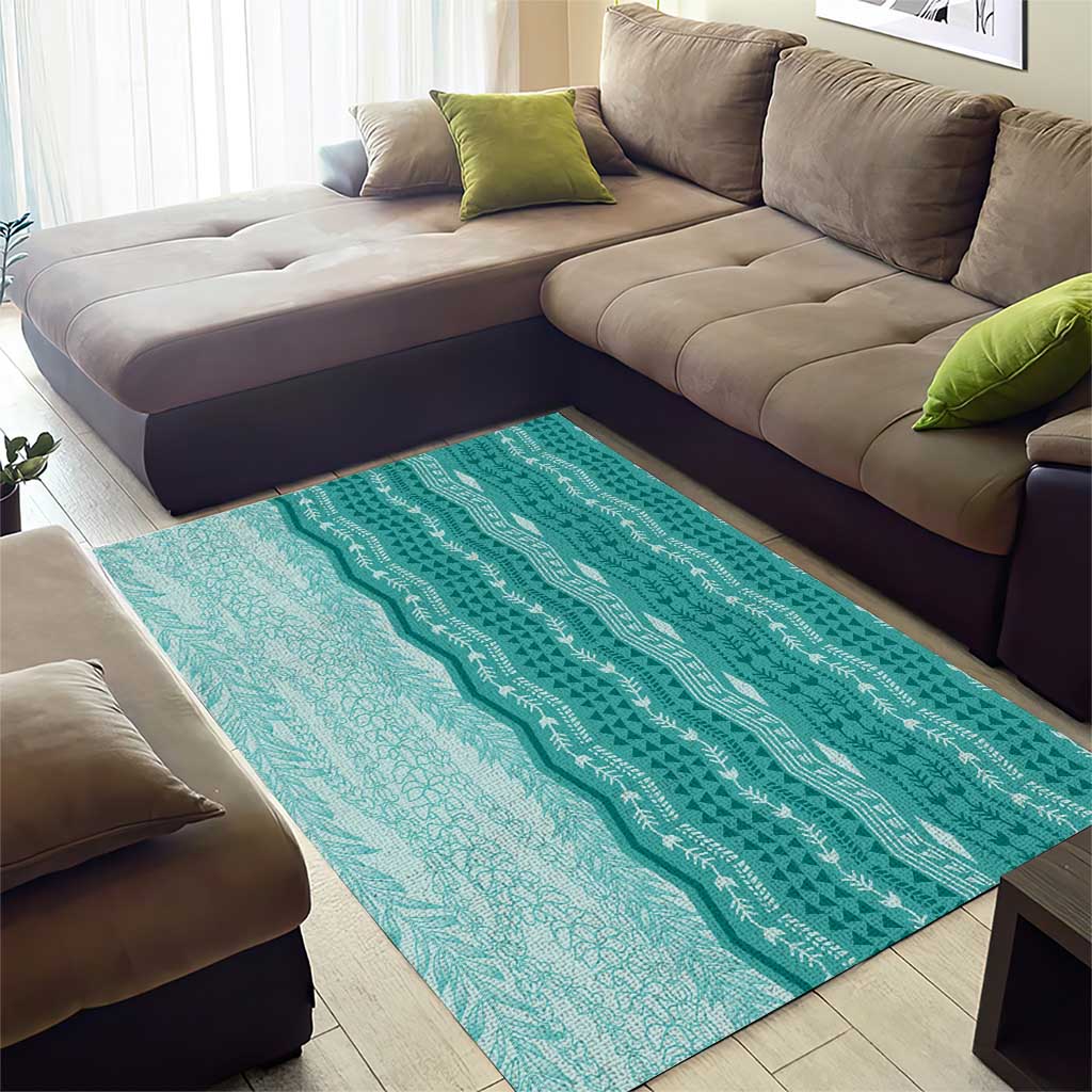 Vintage Teal Hawaiian Traditional Kapa Mix Flowers Lei Area Rug LT7 - Polynesian Pride