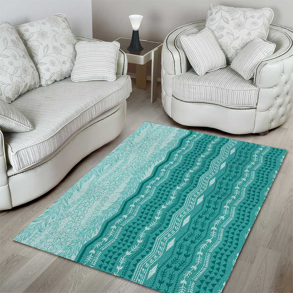 Vintage Teal Hawaiian Traditional Kapa Mix Flowers Lei Area Rug LT7 - Polynesian Pride