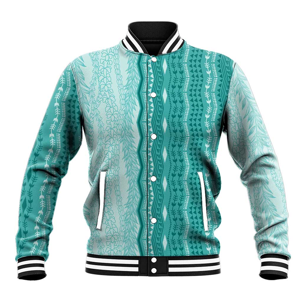Vintage Teal Hawaiian Traditional Kapa Mix Flowers Lei Baseball Jacket LT7 Unisex Teal - Polynesian Pride
