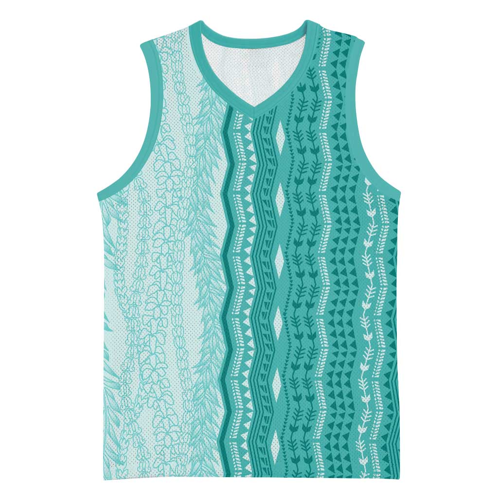 Vintage Teal Hawaiian Traditional Kapa Mix Flowers Lei Basketball Jersey LT7 Unisex Teal - Polynesian Pride