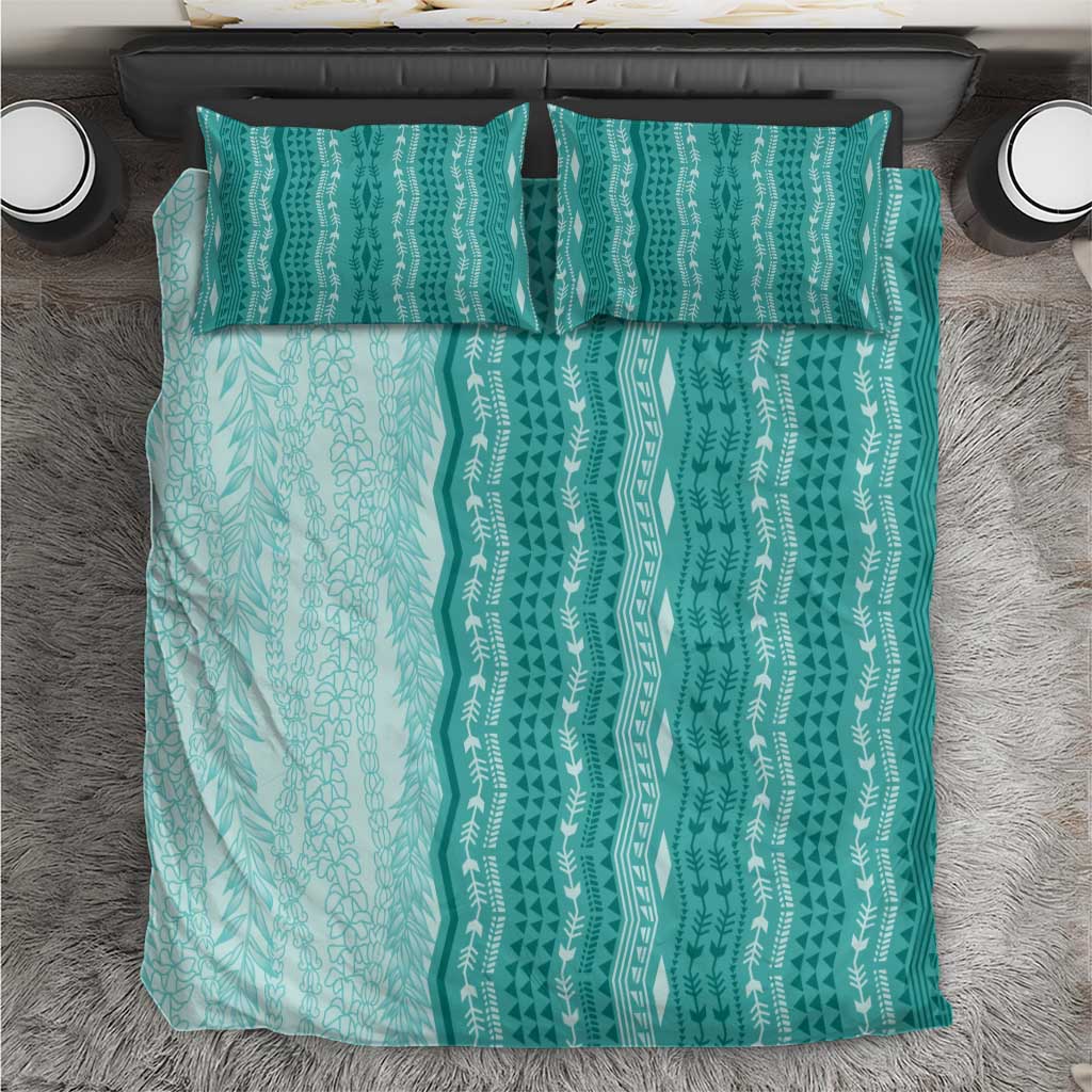 Vintage Teal Hawaiian Traditional Kapa Mix Flowers Lei Bedding Set LT7 Teal - Polynesian Pride