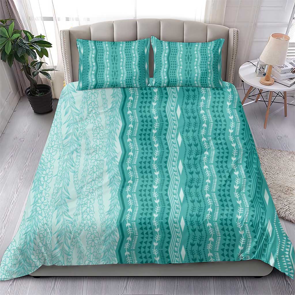 Vintage Teal Hawaiian Traditional Kapa Mix Flowers Lei Bedding Set LT7 - Polynesian Pride