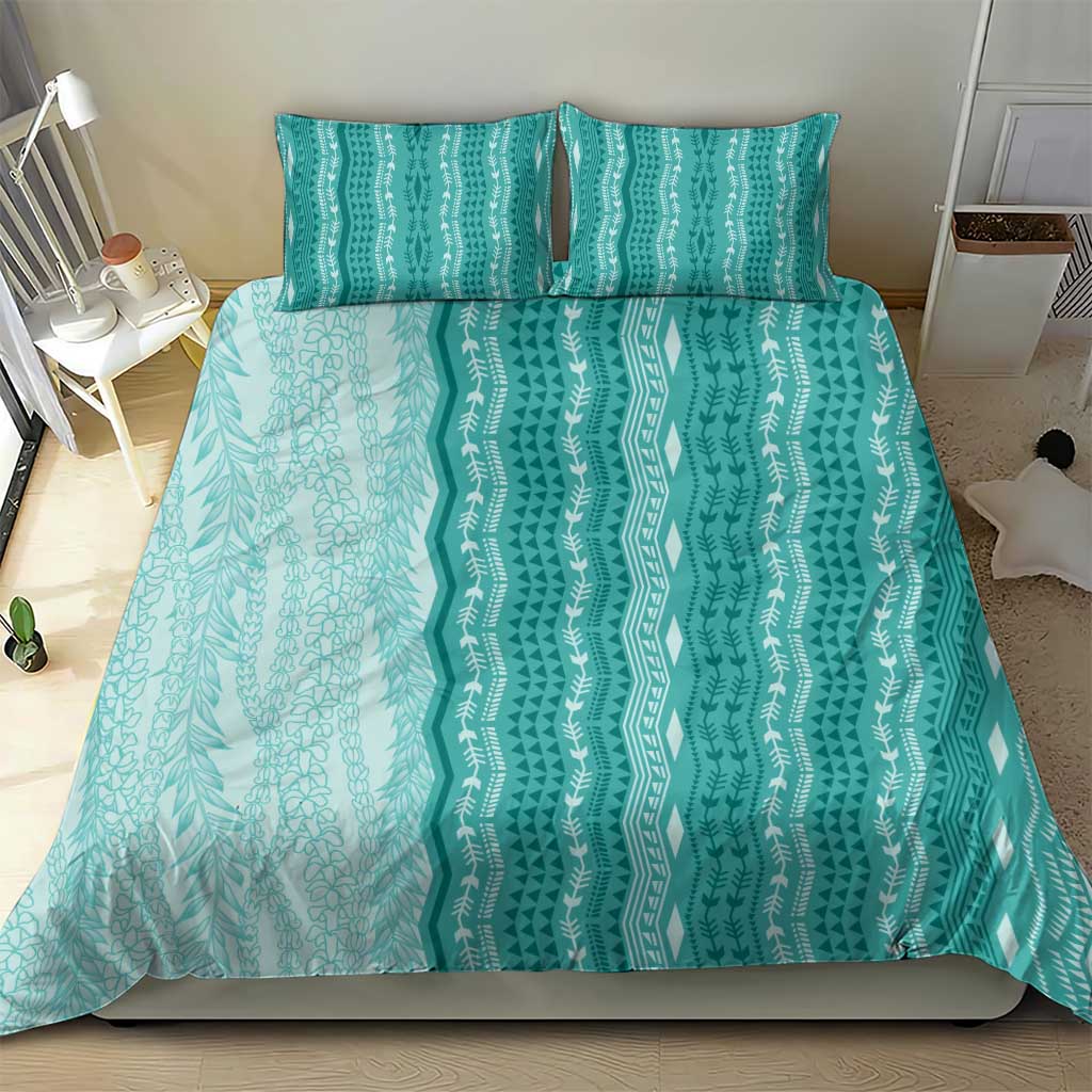 Vintage Teal Hawaiian Traditional Kapa Mix Flowers Lei Bedding Set LT7 - Polynesian Pride