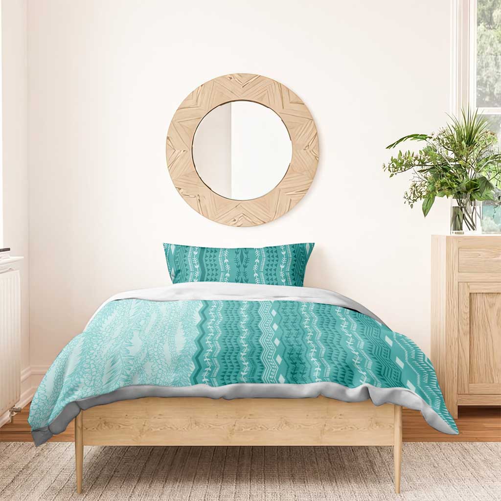 Vintage Teal Hawaiian Traditional Kapa Mix Flowers Lei Bedding Set LT7 - Polynesian Pride