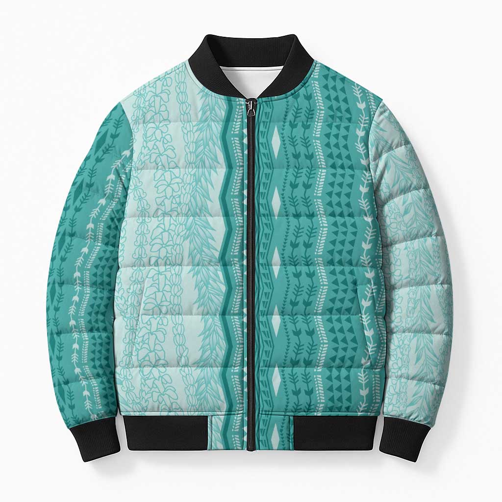 Vintage Teal Hawaiian Traditional Kapa Mix Flowers Lei Bomber Puffer Jacket