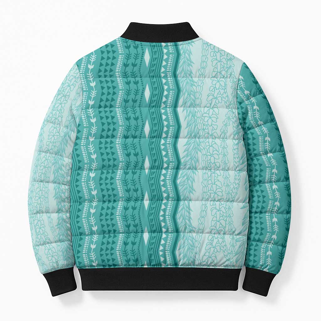 Vintage Teal Hawaiian Traditional Kapa Mix Flowers Lei Bomber Puffer Jacket