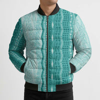 Vintage Teal Hawaiian Traditional Kapa Mix Flowers Lei Bomber Puffer Jacket