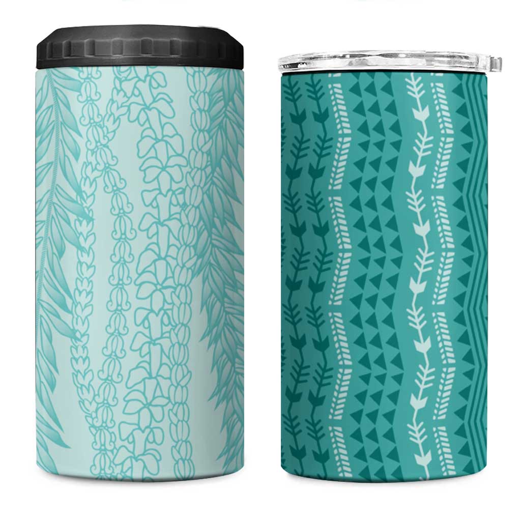 Vintage Teal Hawaiian Traditional Kapa Mix Flowers Lei 4 in 1 Can Cooler Tumbler LT7 One Size: 16 oz Teal - Polynesian Pride