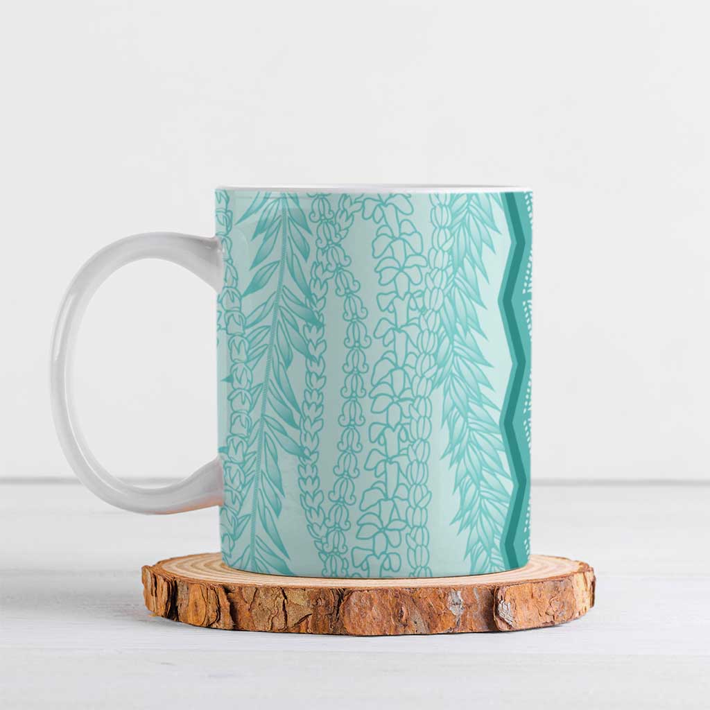 Vintage Teal Hawaiian Traditional Kapa Mix Flowers Lei Ceramic Mug