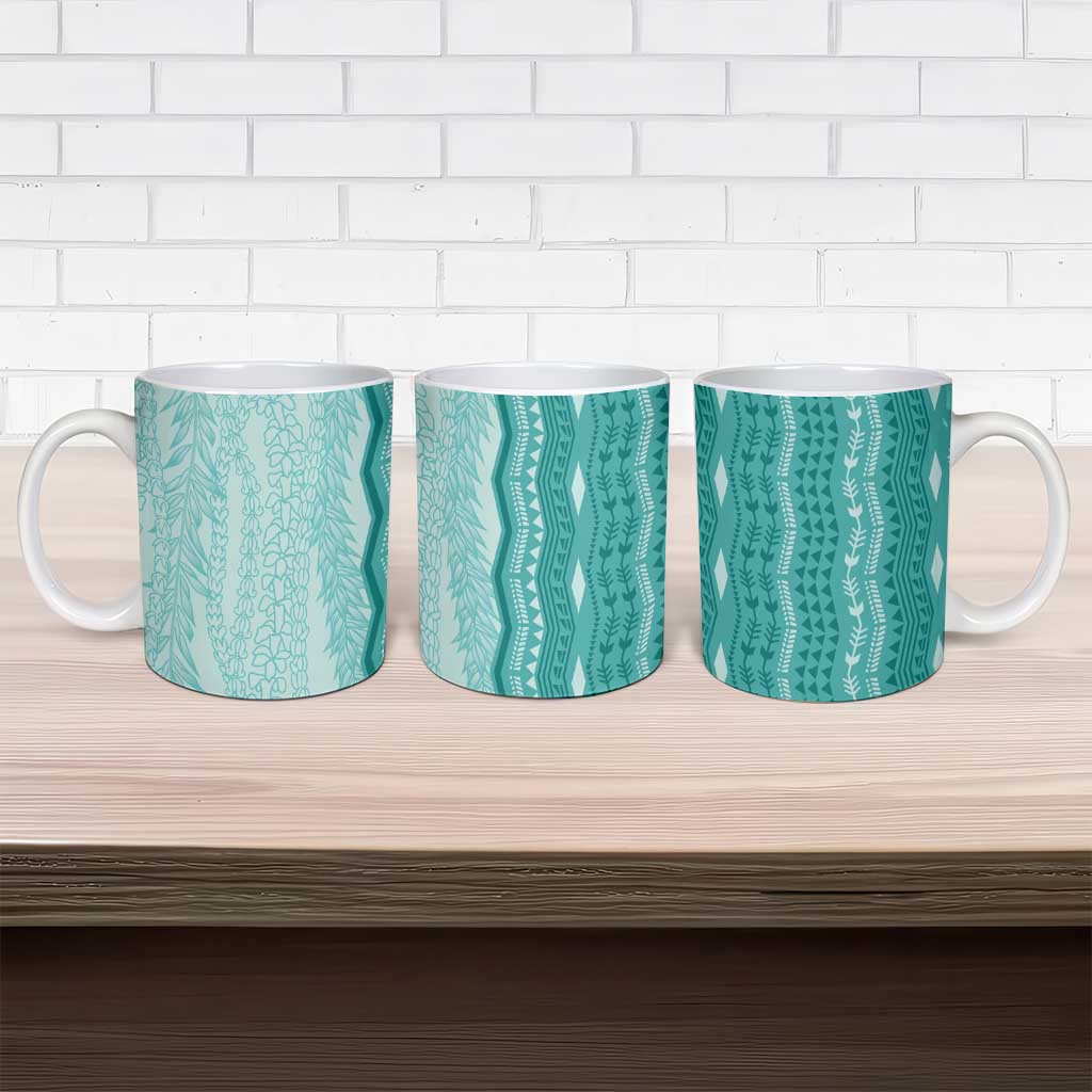 Vintage Teal Hawaiian Traditional Kapa Mix Flowers Lei Ceramic Mug
