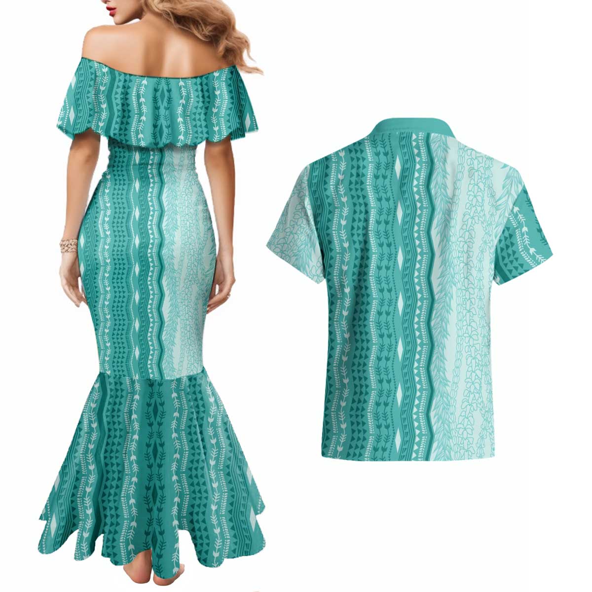 Vintage Teal Hawaiian Traditional Kapa Mix Flowers Lei Couples Matching Mermaid Dress and Hawaiian Shirt