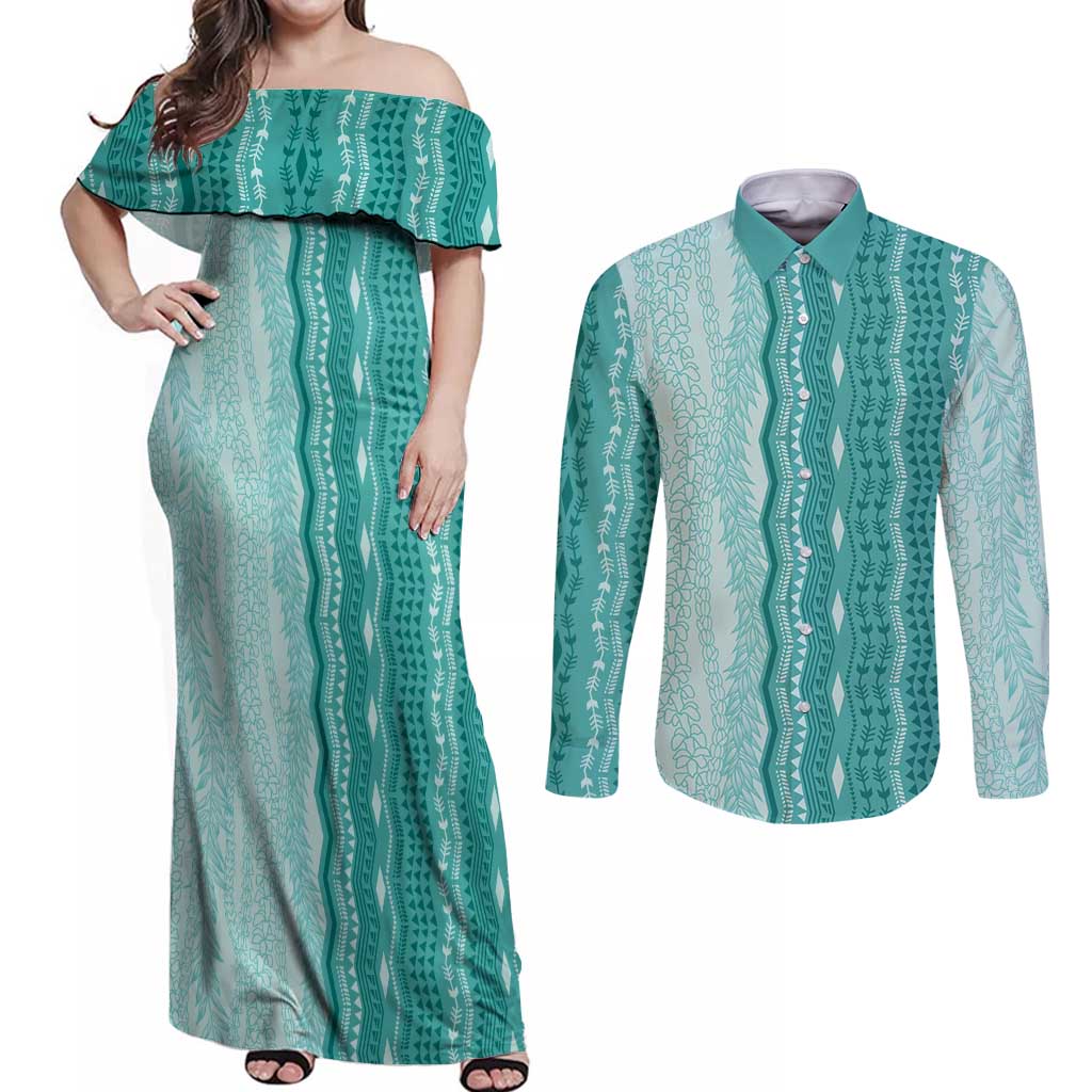Vintage Teal Hawaiian Traditional Kapa Mix Flowers Lei Couples Matching Off Shoulder Maxi Dress and Long Sleeve Button Shirt LT7 Teal - Polynesian Pride