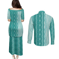 Vintage Teal Hawaiian Traditional Kapa Mix Flowers Lei Couples Matching Puletasi and Long Sleeve Button Shirt