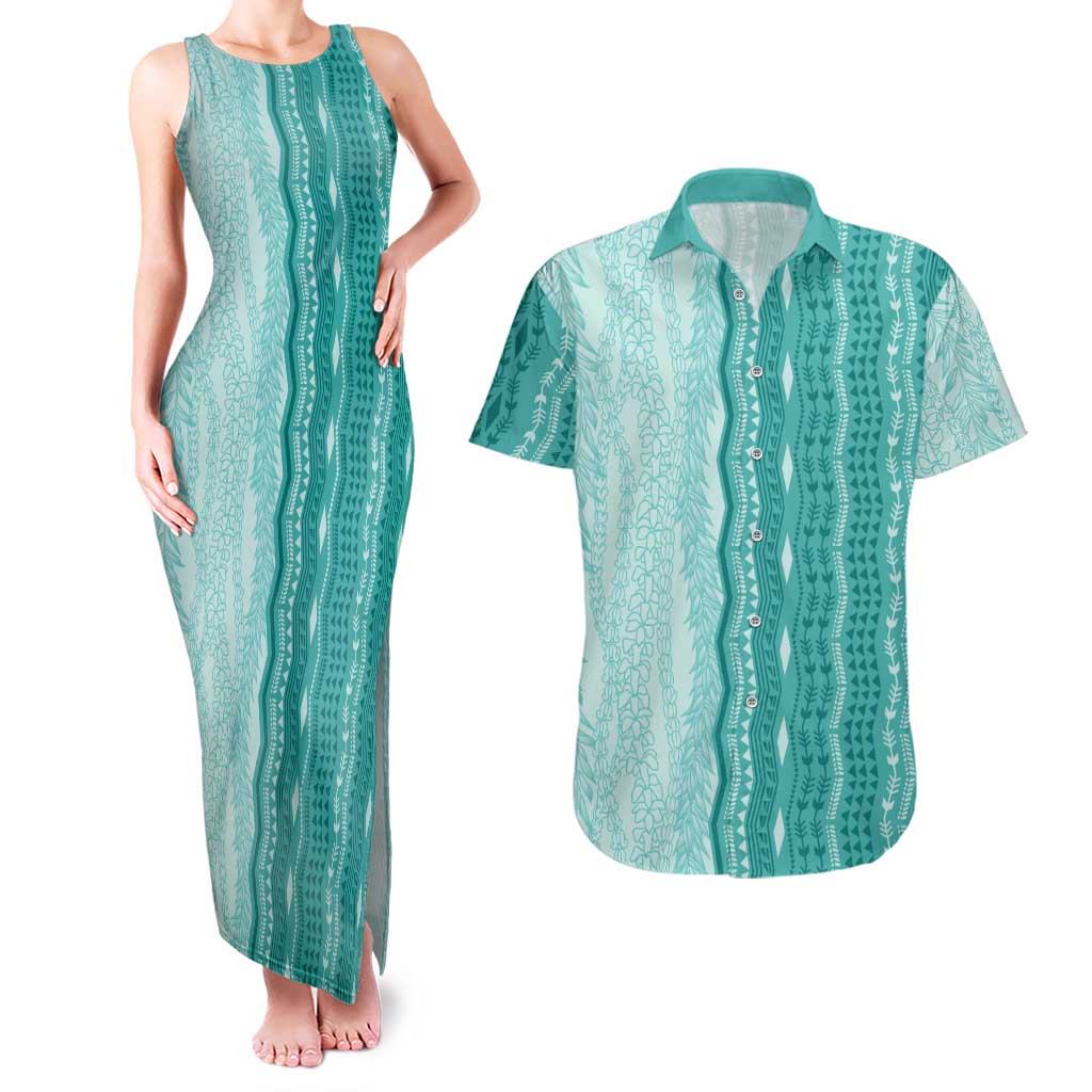Vintage Teal Hawaiian Traditional Kapa Mix Flowers Lei Couples Matching Tank Maxi Dress and Hawaiian Shirt LT7 Teal - Polynesian Pride