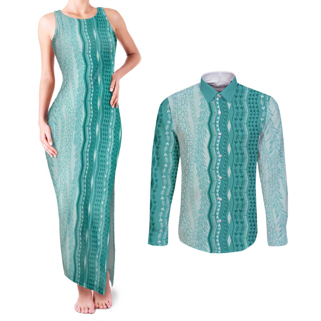 Vintage Teal Hawaiian Traditional Kapa Mix Flowers Lei Couples Matching Tank Maxi Dress and Long Sleeve Button Shirt