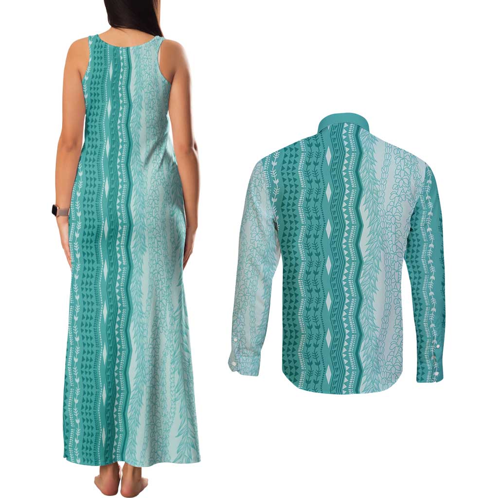 Vintage Teal Hawaiian Traditional Kapa Mix Flowers Lei Couples Matching Tank Maxi Dress and Long Sleeve Button Shirt