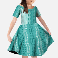 Vintage Teal Hawaiian Traditional Kapa Mix Flowers Lei Family Matching Off The Shoulder Long Sleeve Dress and Hawaiian Shirt LT7 Daughter's Dress Teal - Polynesian Pride