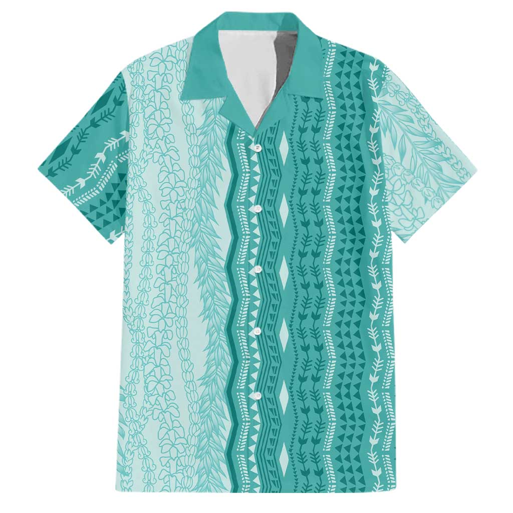 Vintage Teal Hawaiian Traditional Kapa Mix Flowers Lei Family Matching Off The Shoulder Long Sleeve Dress and Hawaiian Shirt LT7 Dad's Shirt - Short Sleeve Teal - Polynesian Pride