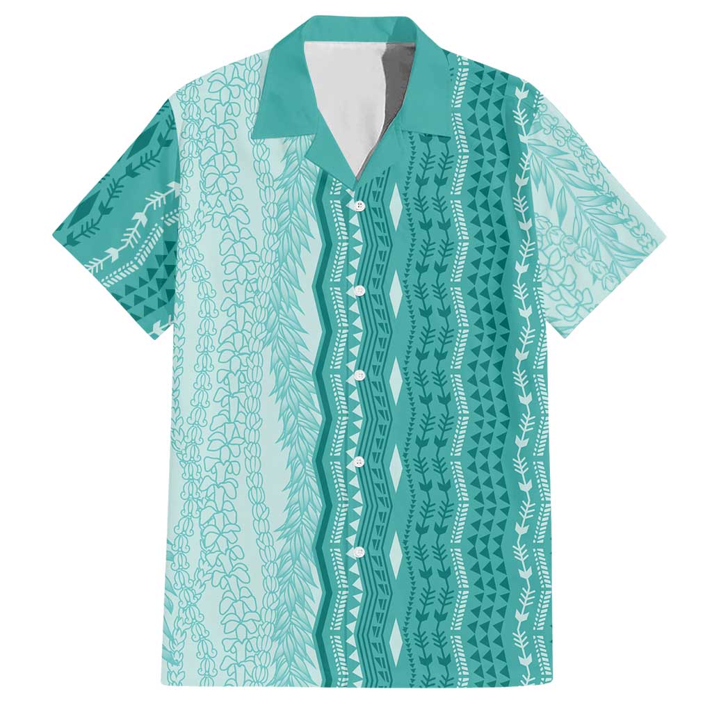 Vintage Teal Hawaiian Traditional Kapa Mix Flowers Lei Hawaiian Shirt