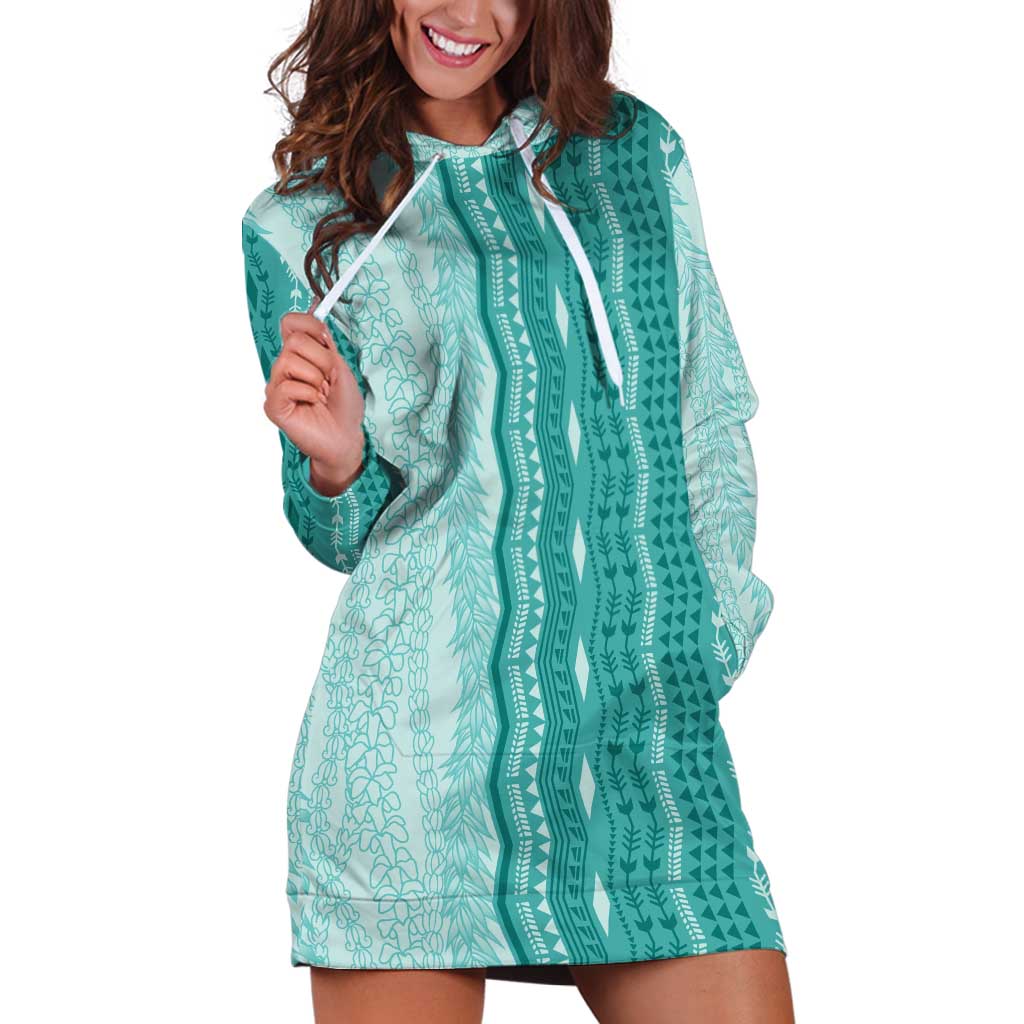Vintage Teal Hawaiian Traditional Kapa Mix Flowers Lei Hoodie Dress