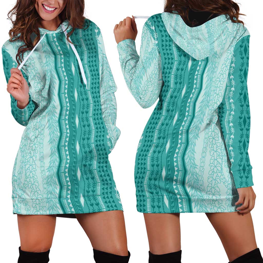 Vintage Teal Hawaiian Traditional Kapa Mix Flowers Lei Hoodie Dress