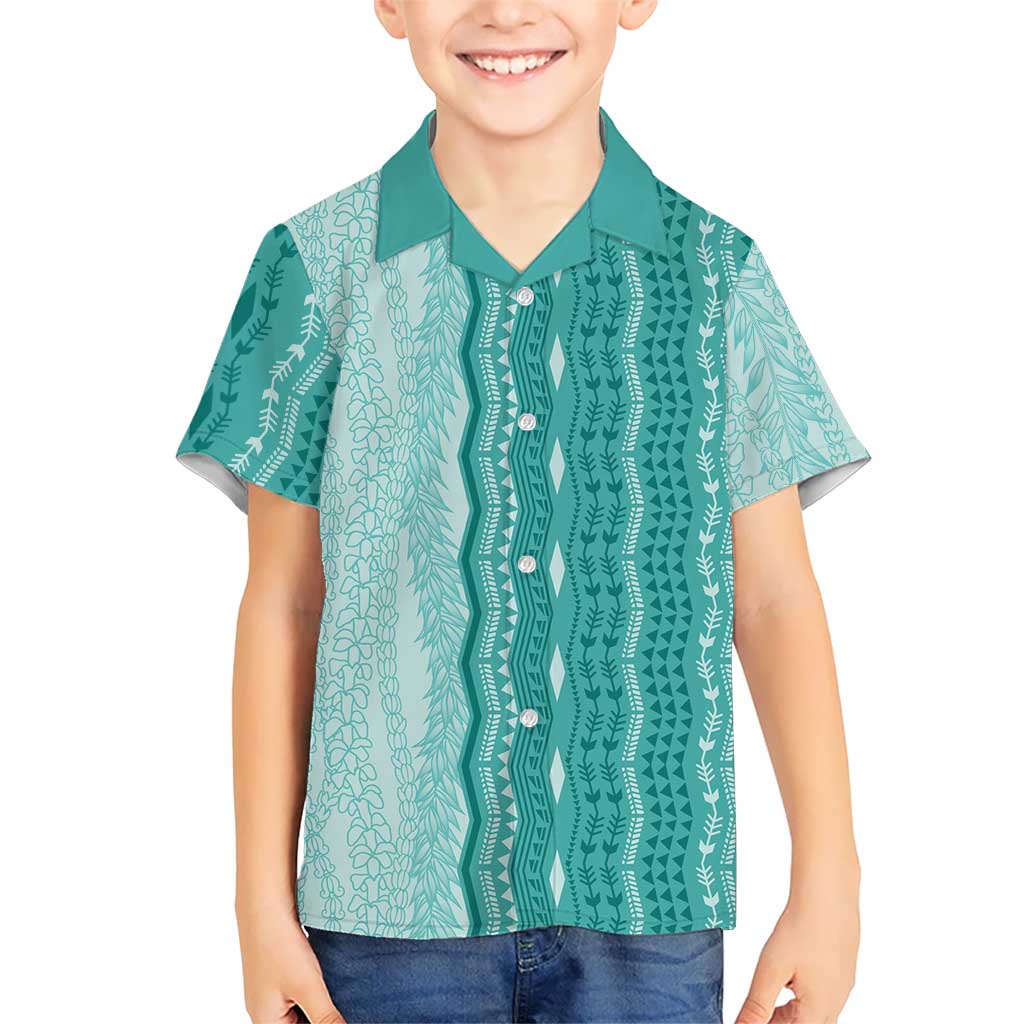 Vintage Teal Hawaiian Traditional Kapa Mix Flowers Lei Kid Hawaiian Shirt LT7 Kid Teal - Polynesian Pride