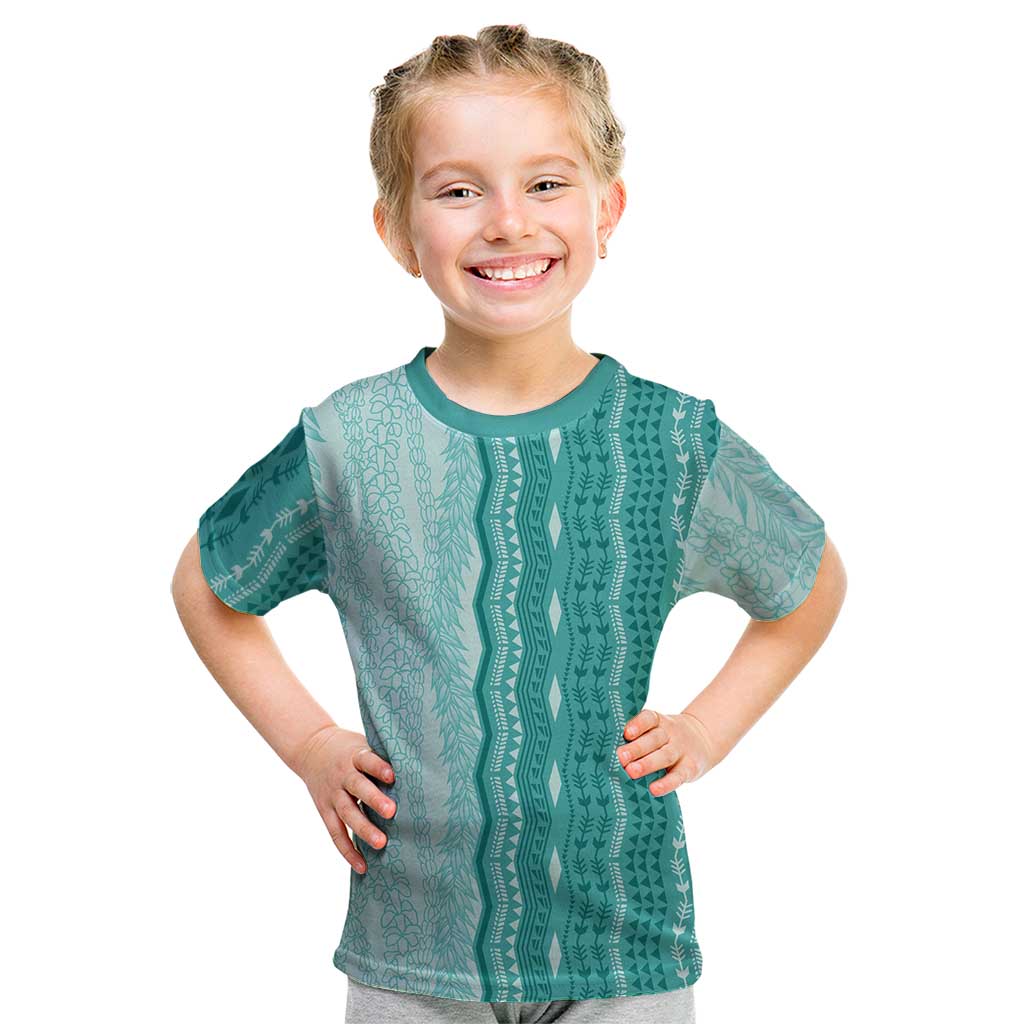 Vintage Teal Hawaiian Traditional Kapa Mix Flowers Lei Kid T Shirt