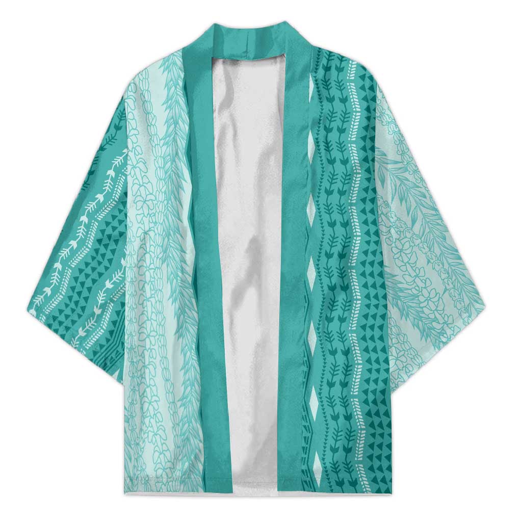 Vintage Teal Hawaiian Traditional Kapa Mix Flowers Lei Kimono