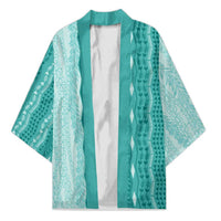 Vintage Teal Hawaiian Traditional Kapa Mix Flowers Lei Kimono