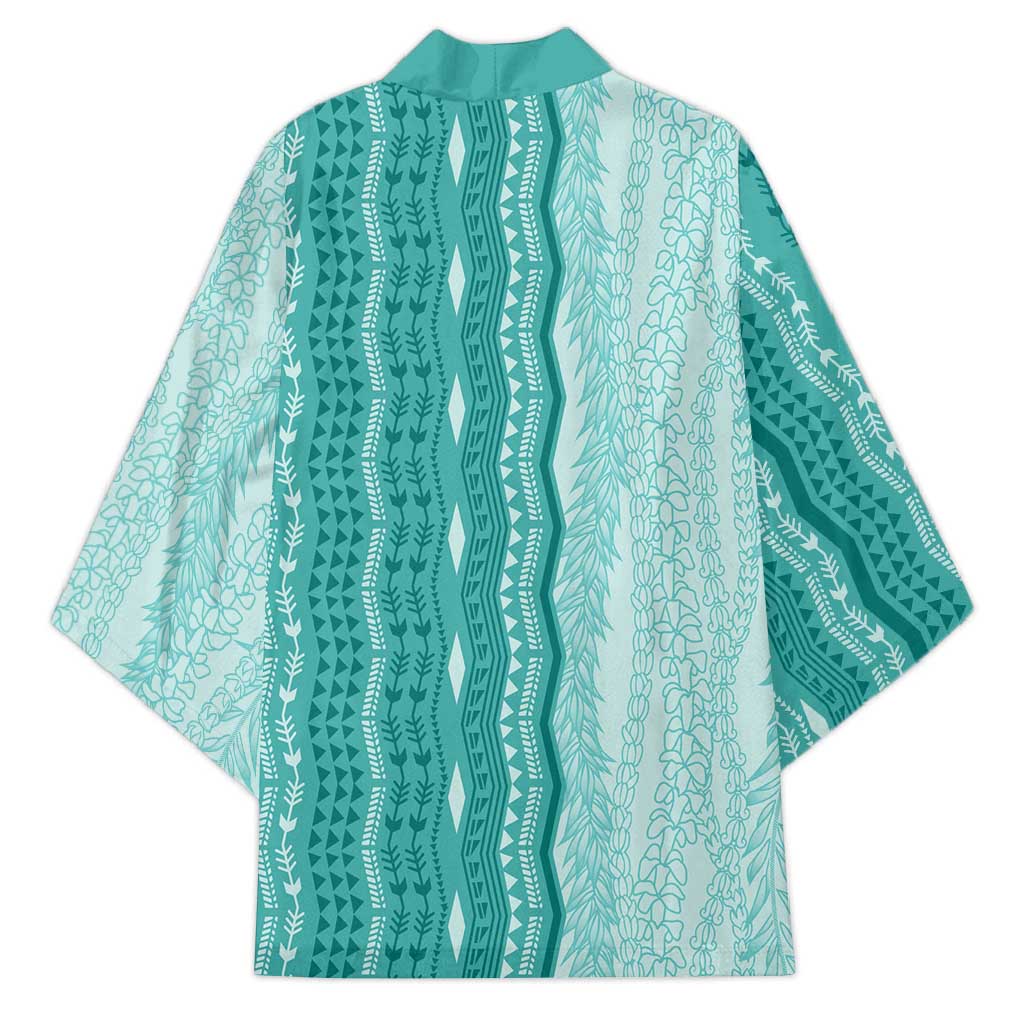Vintage Teal Hawaiian Traditional Kapa Mix Flowers Lei Kimono