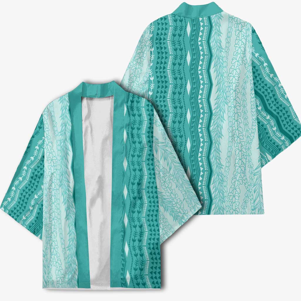 Vintage Teal Hawaiian Traditional Kapa Mix Flowers Lei Kimono