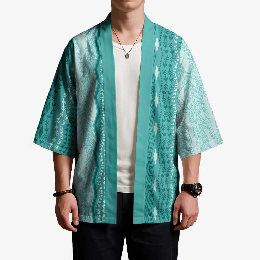 Vintage Teal Hawaiian Traditional Kapa Mix Flowers Lei Kimono