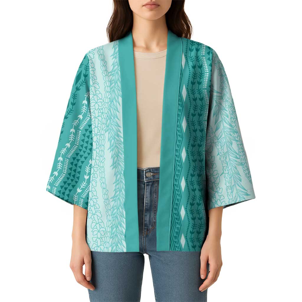 Vintage Teal Hawaiian Traditional Kapa Mix Flowers Lei Kimono