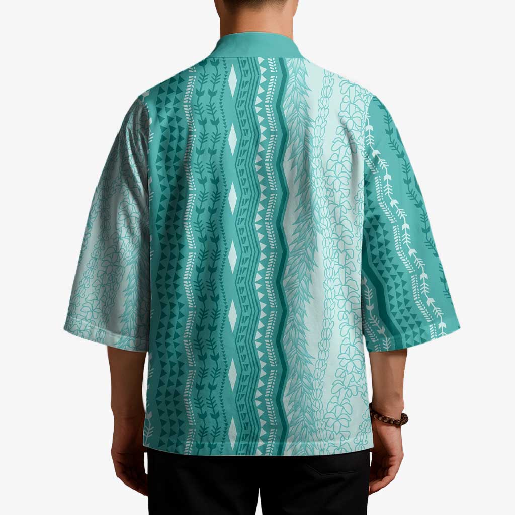 Vintage Teal Hawaiian Traditional Kapa Mix Flowers Lei Kimono
