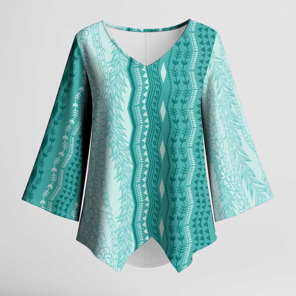 Vintage Teal Hawaiian Traditional Kapa Mix Flowers Lei Kimono Sleeve Blouse LT7 Female Teal - Polynesian Pride