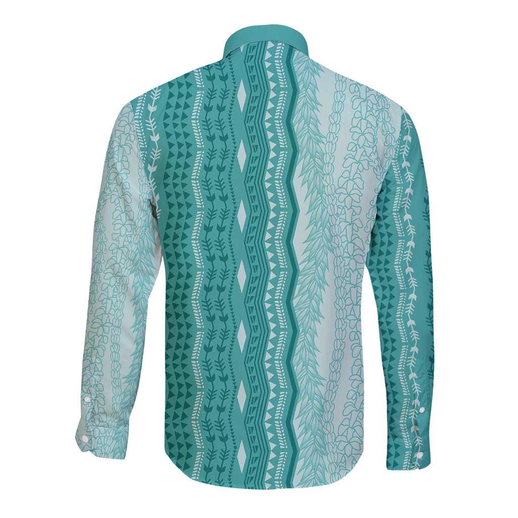 Vintage Teal Hawaiian Traditional Kapa Mix Flowers Lei Long Sleeve Button Shirt