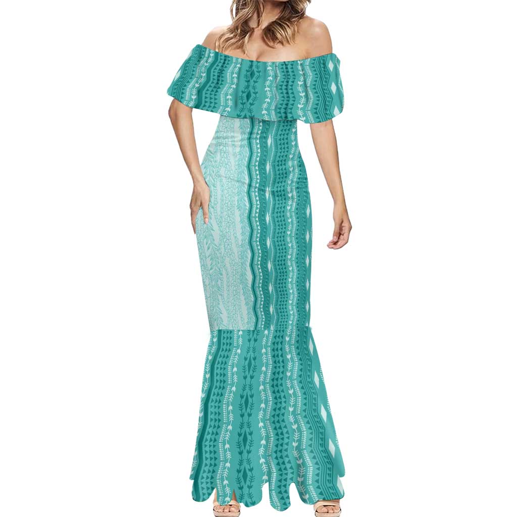 Vintage Teal Hawaiian Traditional Kapa Mix Flowers Lei Mermaid Dress
