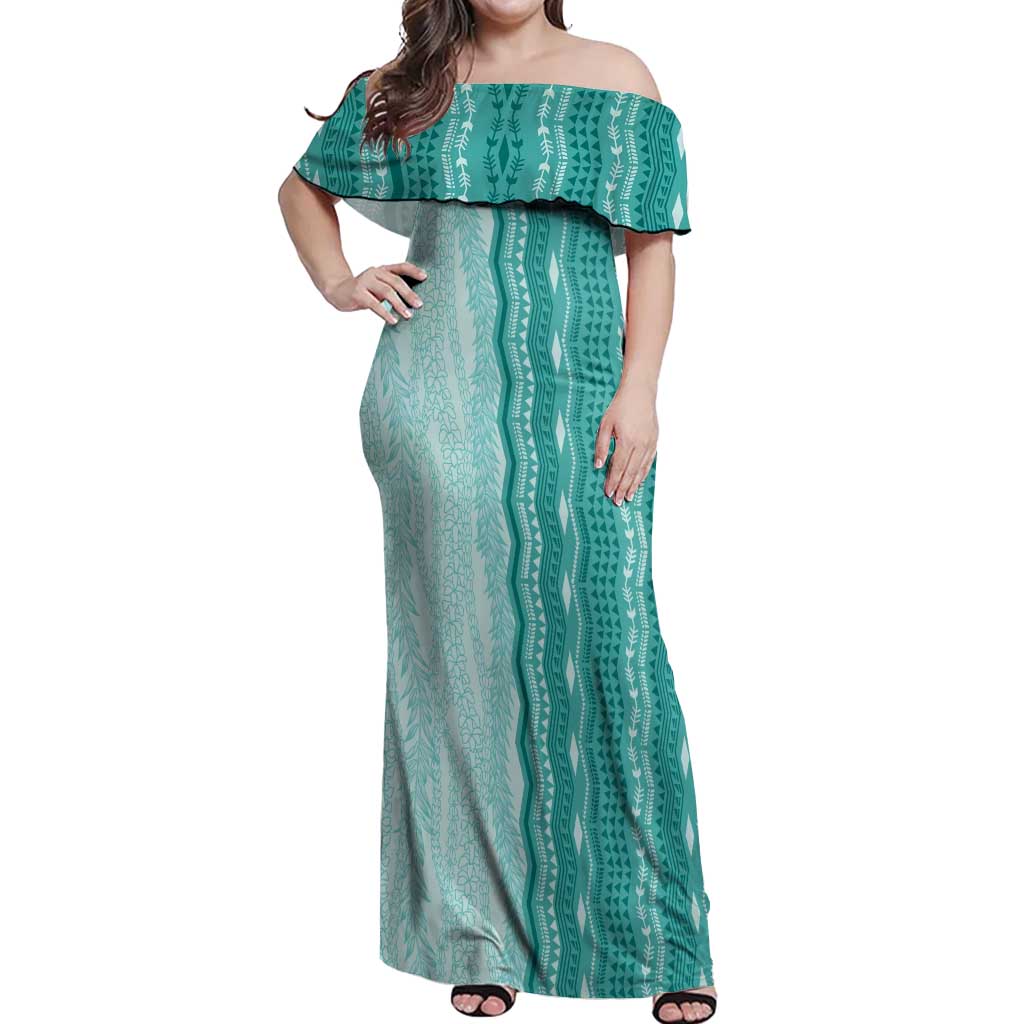 Vintage Teal Hawaiian Traditional Kapa Mix Flowers Lei Off Shoulder Maxi Dress LT7 Women Teal - Polynesian Pride